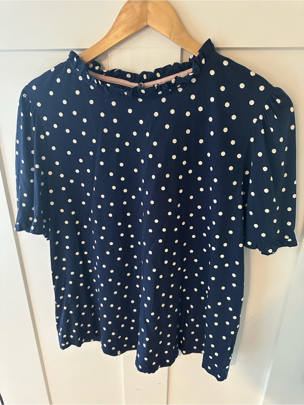 Boden Navy and White Polka Dot Ruffle Neck Top